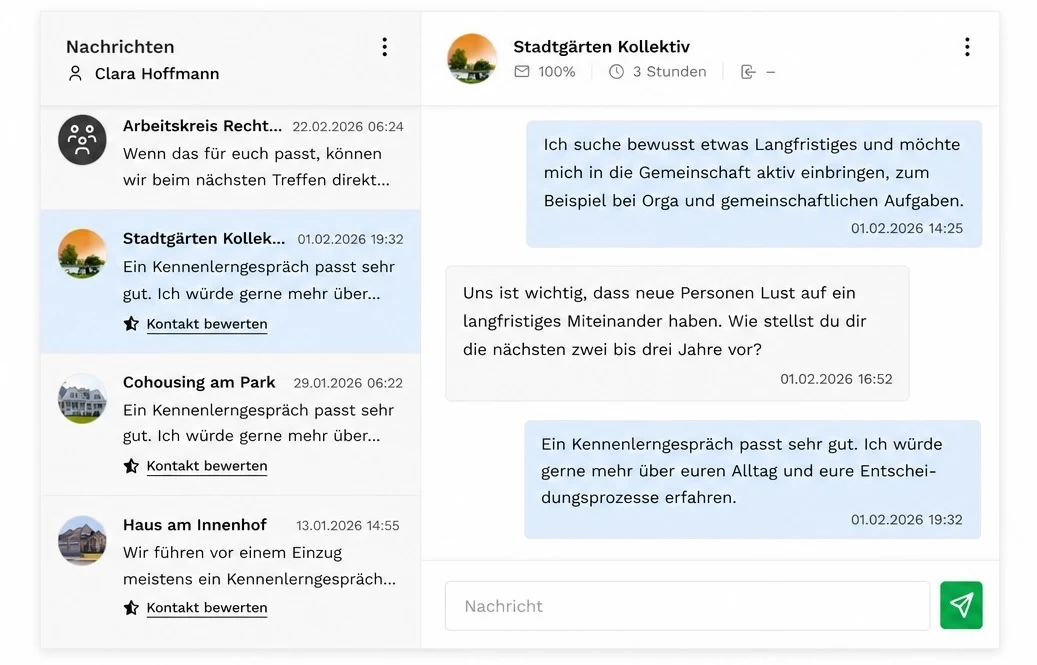 Nachrichtenaustausch zwischen Suchenden und einem Wohnprojekt auf bring-together