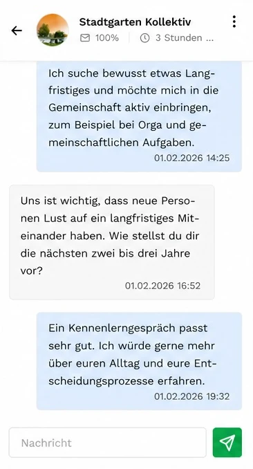 Nachrichtenaustausch zwischen Suchenden und einem Wohnprojekt auf bring-together