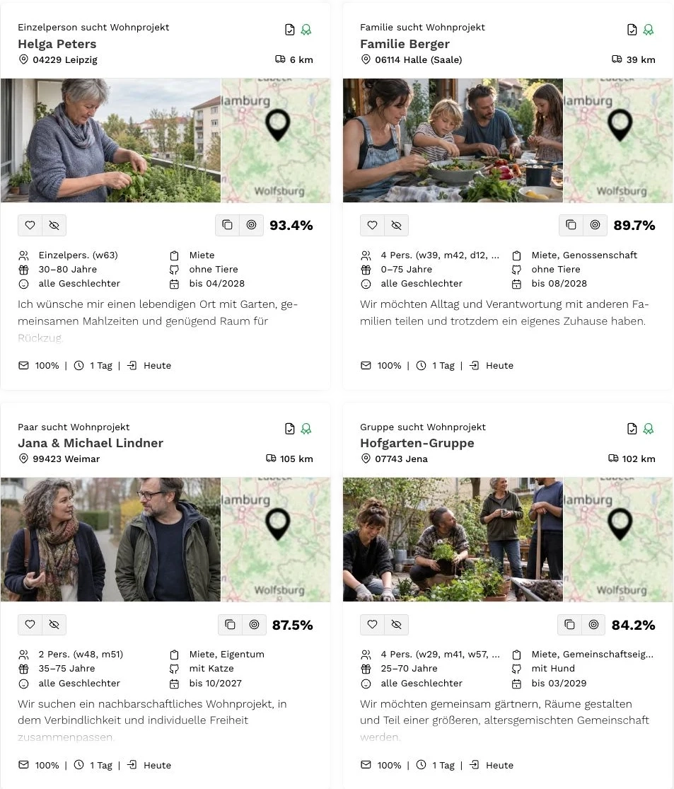 Matching-Vorschläge mit Profilen anderer Suchender auf bring-together