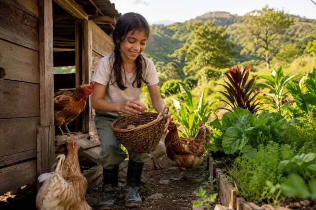 Unsere Vision: So könnte sich Kindheit wieder anfühlen – sonntags frische Eier aus dem eigenen Hühnerstall holen, Tiere achten und erleben, wo unsere Nahrung wirklich herkommt.